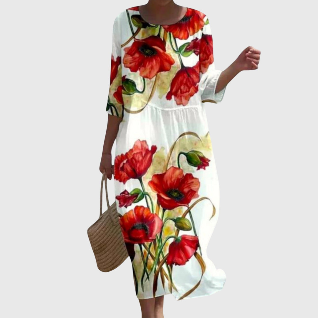 Floral Midi Dress Loose Fit Three Quarter Sleeve