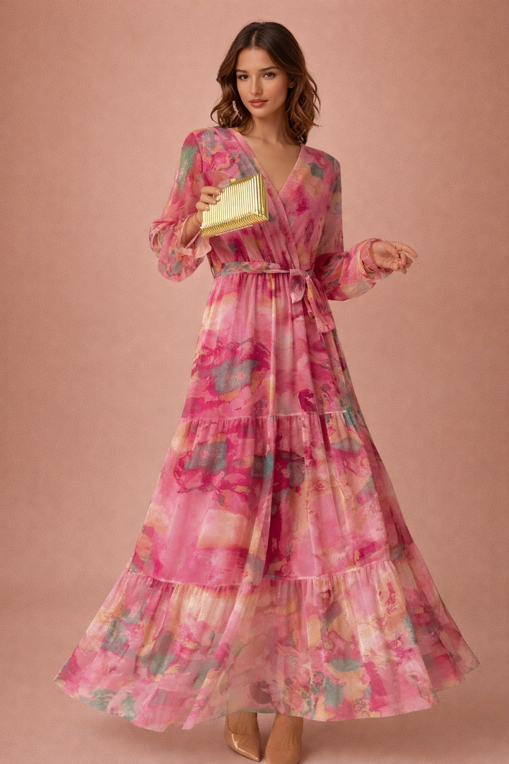 Women's Floral Wrap Maxi Dress Long Sleeve Tiered Wedding Guest