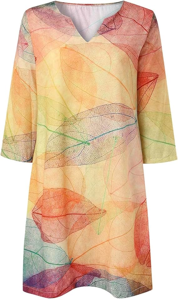Casual Botanical Print Three Quarter Sleeve Mini Dress