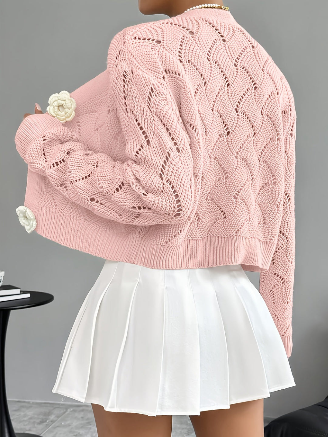 Marigold | Women's Scalloped Crochet Cardigan with 3D Rose Buttons