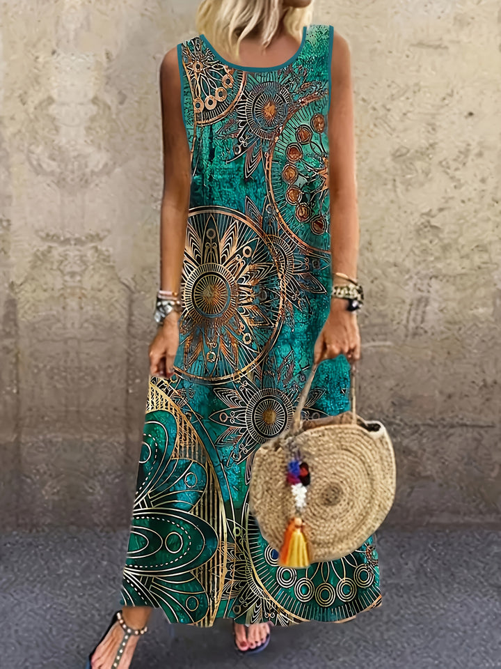Mandala Print Sleeveless Round Neck Relaxed Boho Maxi Dress