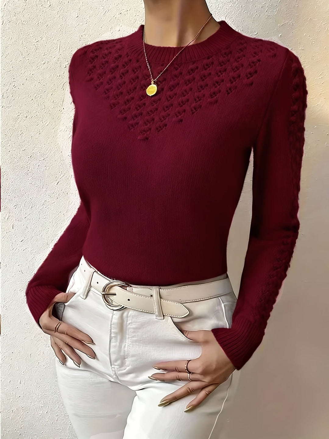 Guinevere | Women's Pointelle Knit Crew Neck Sweater