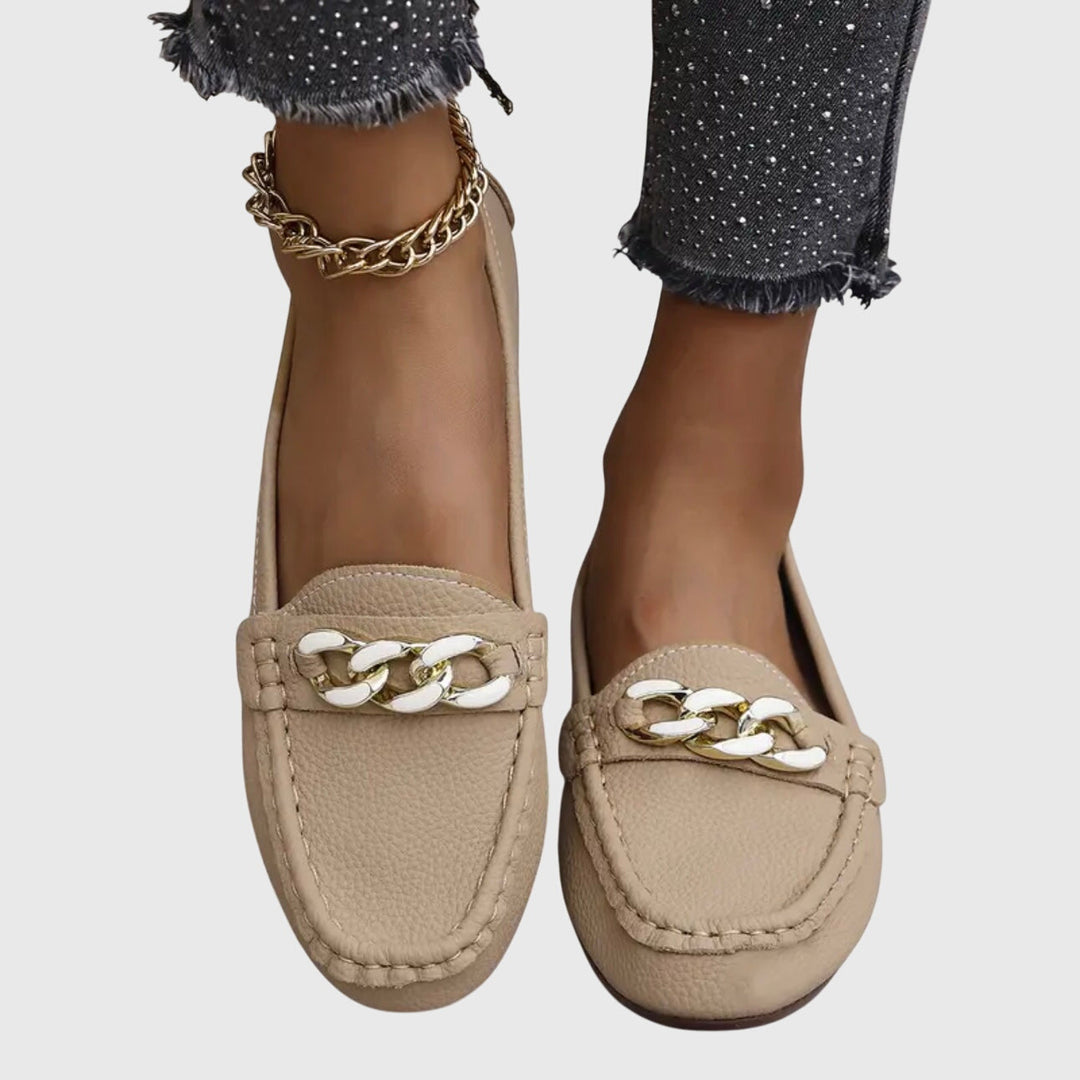 Gold Chain Detail Round Toe Loafers Women