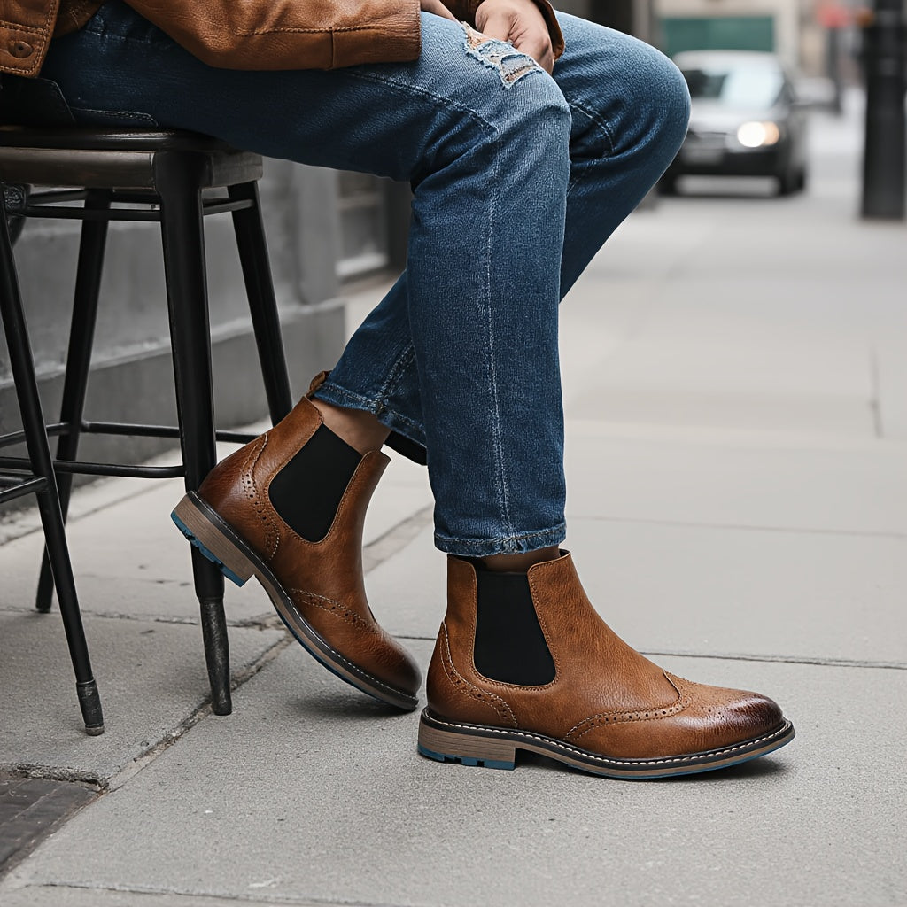 Brogue Wingtip Elastic Side Panel Slip On Leather Mens Chelsea Boots