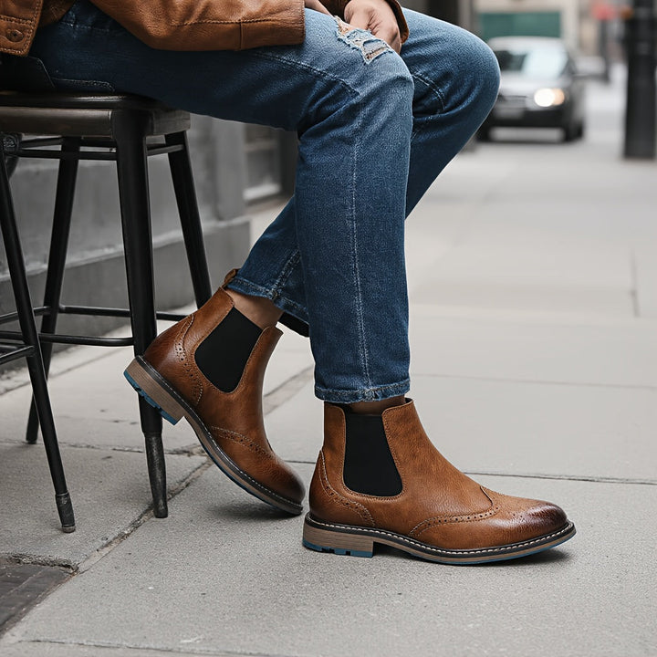 Brogue Wingtip Elastic Side Panel Slip On Leather Mens Chelsea Boots