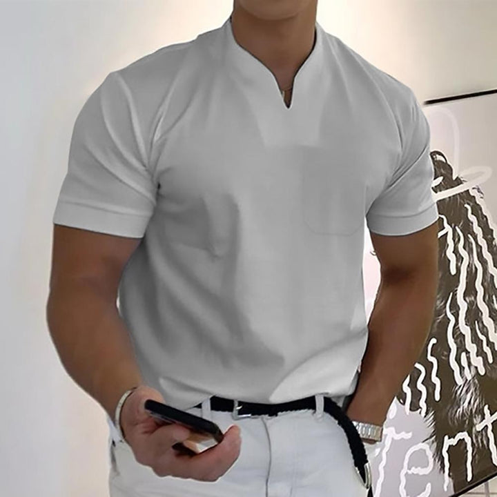 V Neck Chest Pocket Slim Fit Short Sleeve Casual Tee