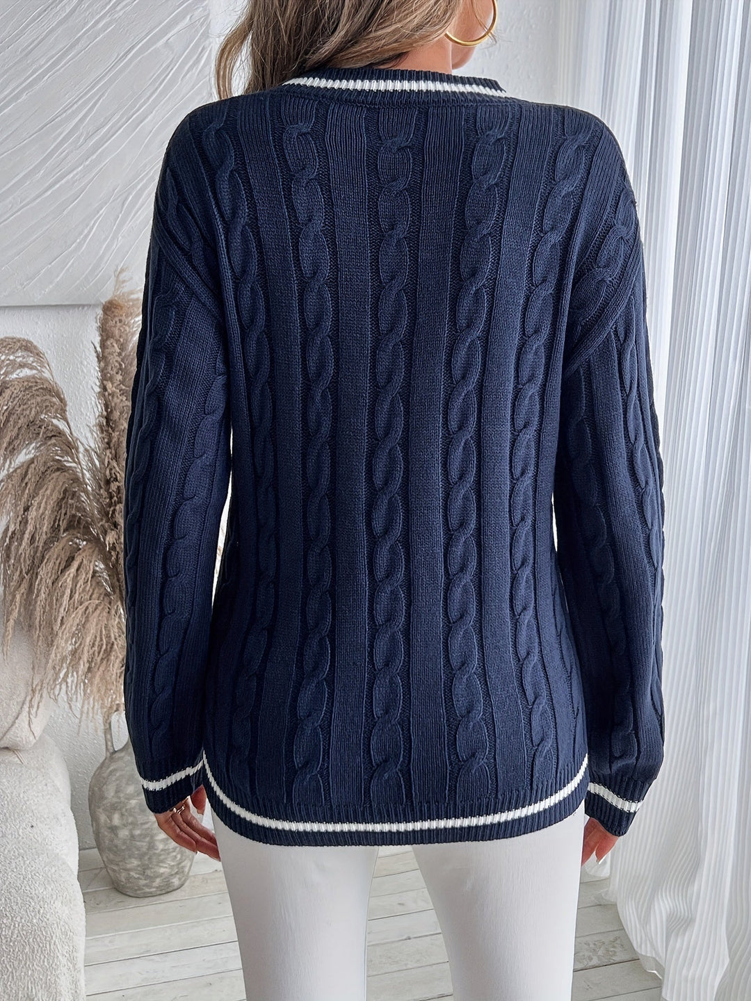 Verona | Women's Oversized Varsity Stripe V-Neck Pullover Sweater in Cable Knit