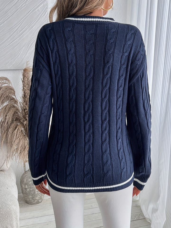 Verona | Women's Oversized Varsity Stripe V-Neck Pullover Sweater in Cable Knit