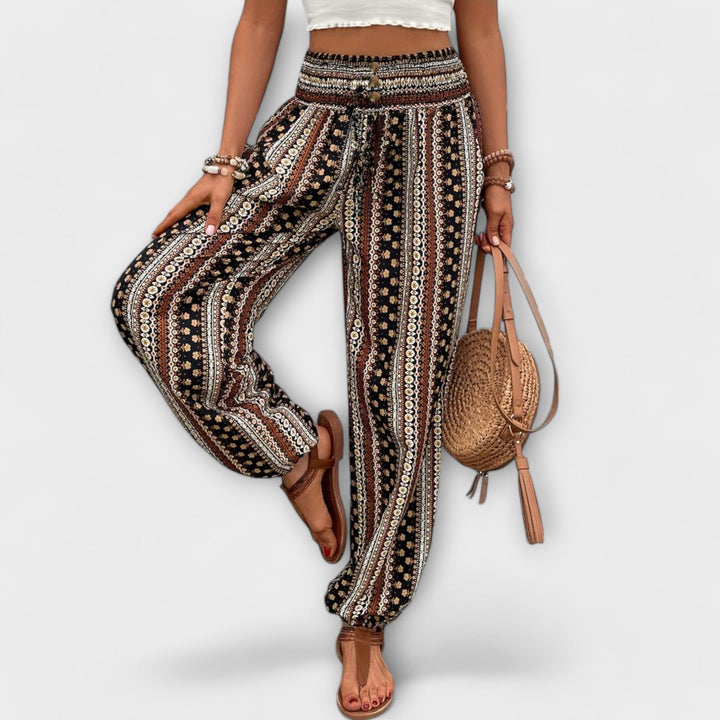 Tribal Print Smocked Waist Boho Pants Women - Festival Style