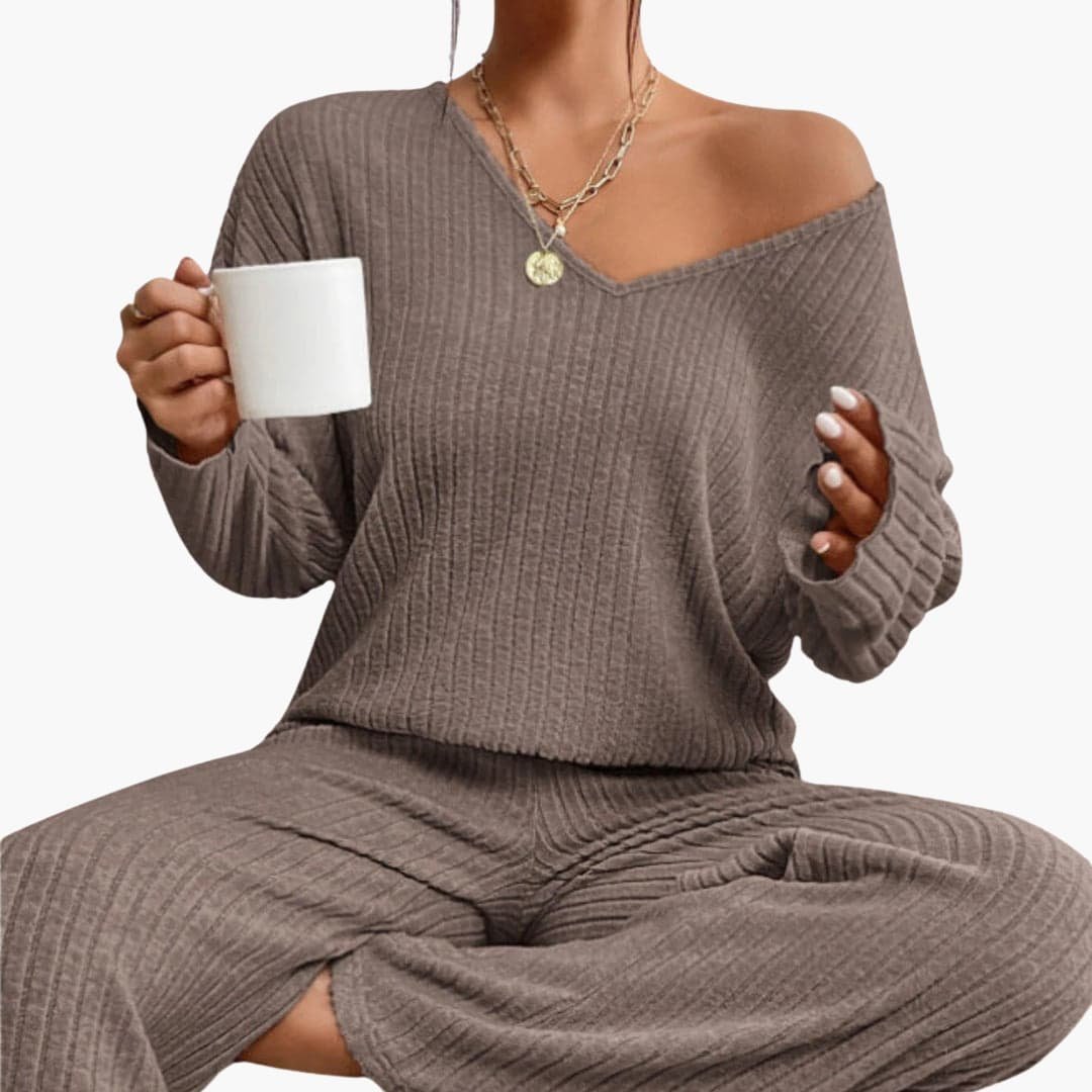 Lucienne | Women's Ribbed V Neck Sweater Wide Leg Pants Set