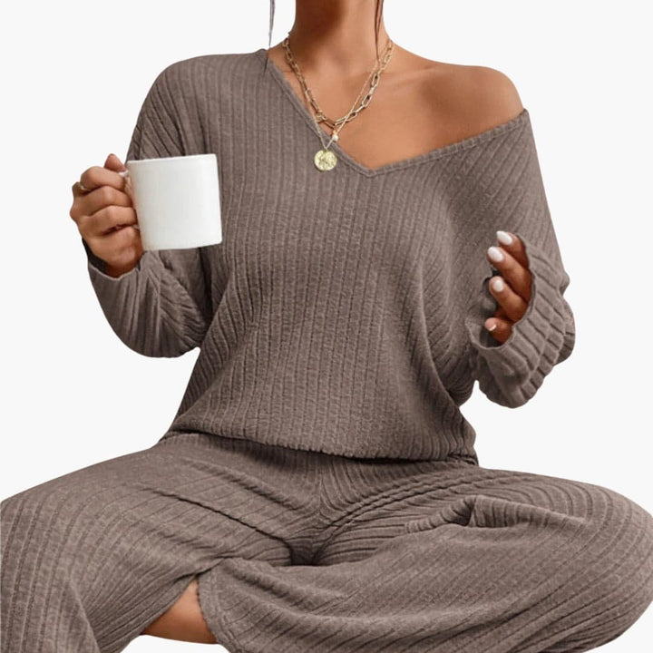 Lucienne | Women's Ribbed V Neck Sweater Wide Leg Pants Set