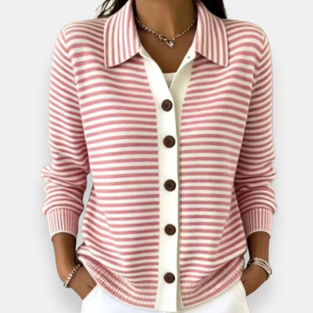 Larissa | Women's Striped Polo Collar Cardigan Sweater with Button Front