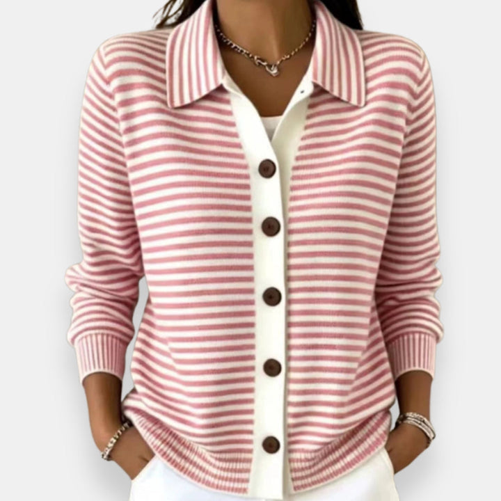 Larissa | Women's Striped Polo Collar Cardigan Sweater with Button Front