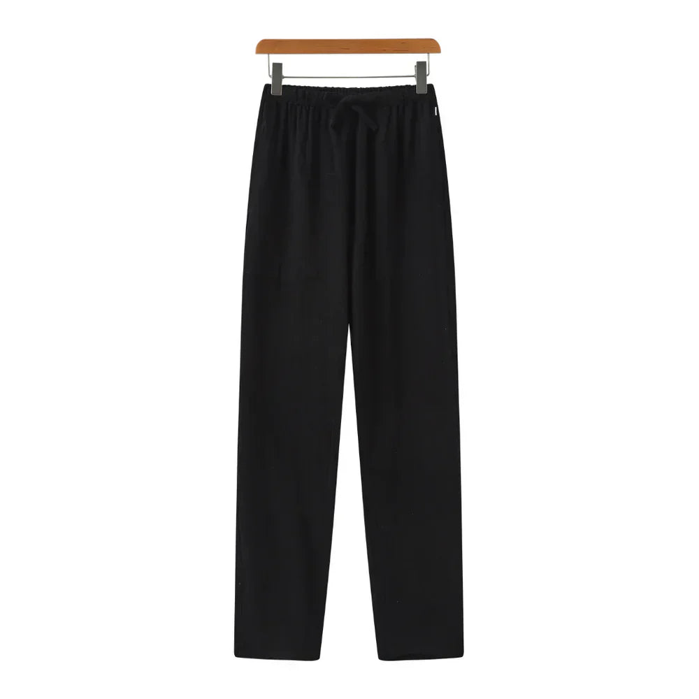 Drawstring Straight Leg Linen Trousers - Relaxed Casual Fit
