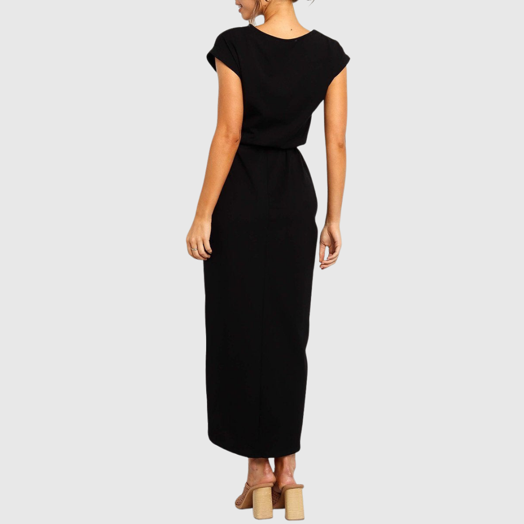 Cap Sleeve Belted Casual Midi Dress Side Split