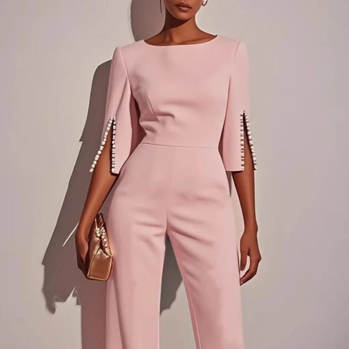 Pearl Trim Split Sleeve Bateau Neck Wide Leg Formal Jumpsuit