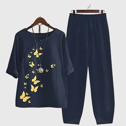 Comfortable Print Linen Top and Trouser Set Women