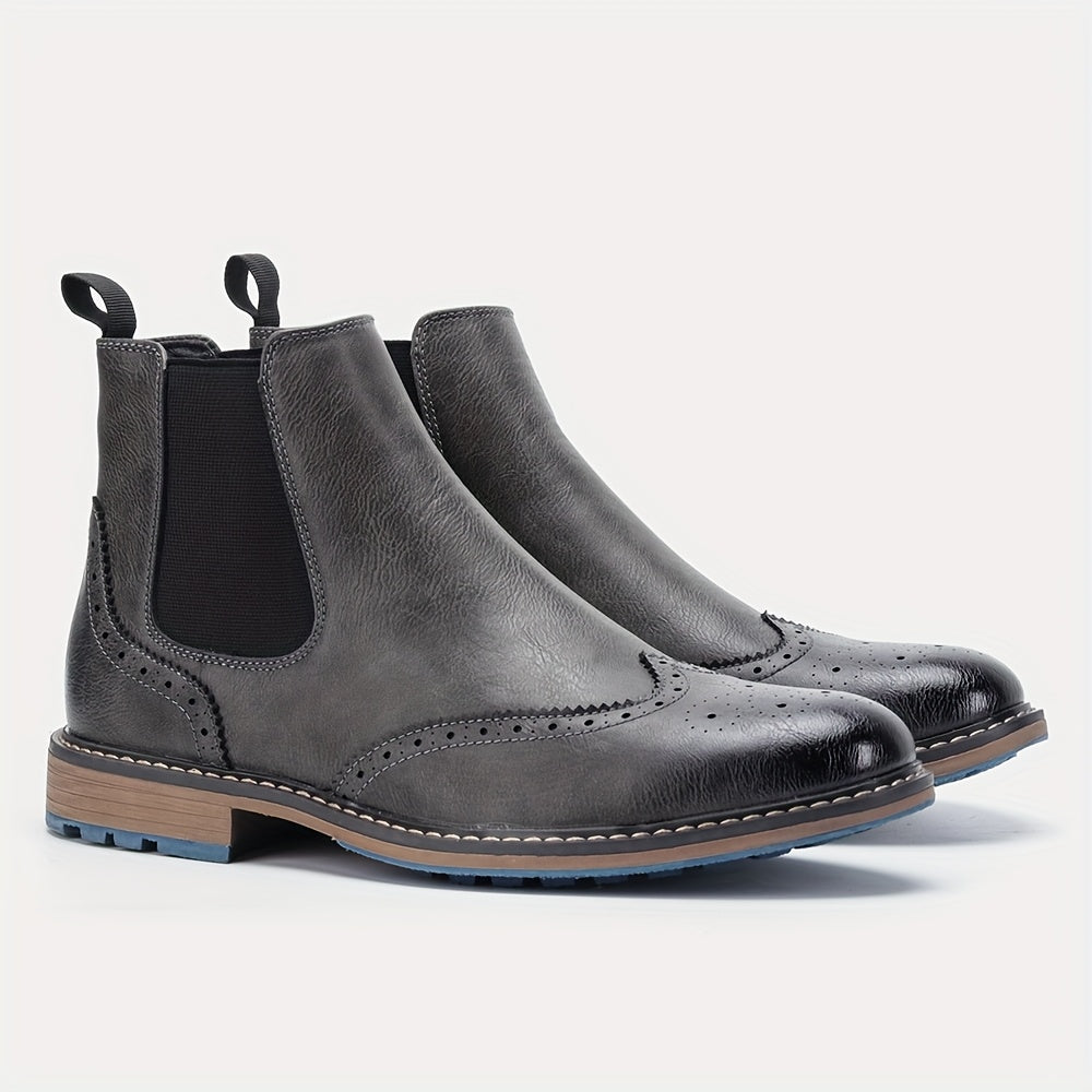 Brogue Wingtip Elastic Side Panel Slip On Leather Mens Chelsea Boots