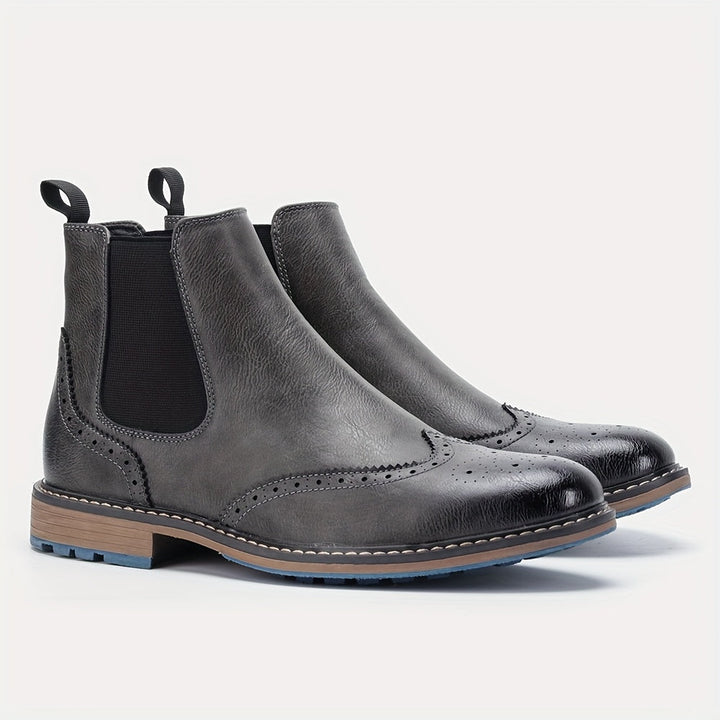 Brogue Wingtip Elastic Side Panel Slip On Leather Mens Chelsea Boots