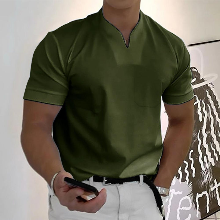 V Neck Chest Pocket Slim Fit Short Sleeve Casual Tee