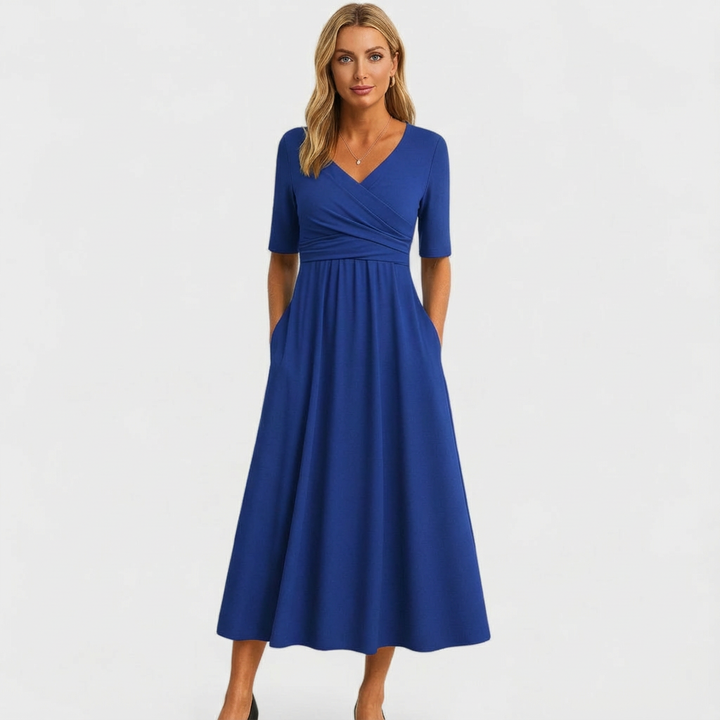Women's Wrap Midi Dress V Neck Half Sleeve A-Line Work Casual