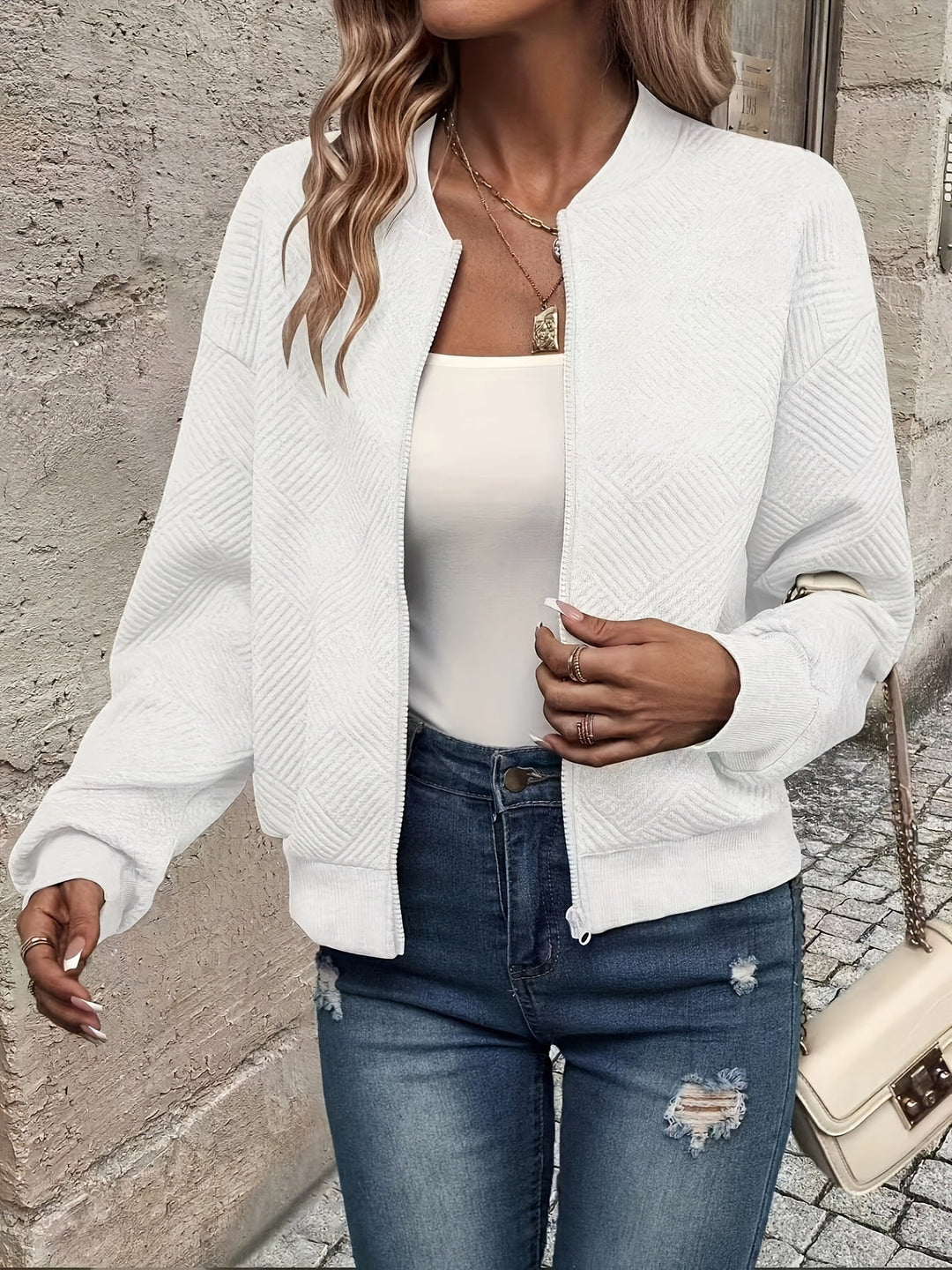 Rhiannon | Women's Geometric Textured Cropped Bomber Jacket