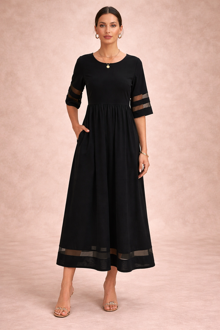 A-Line Maxi Dress with Mesh Panels and Pockets for Women – Stylish Comfortable Design