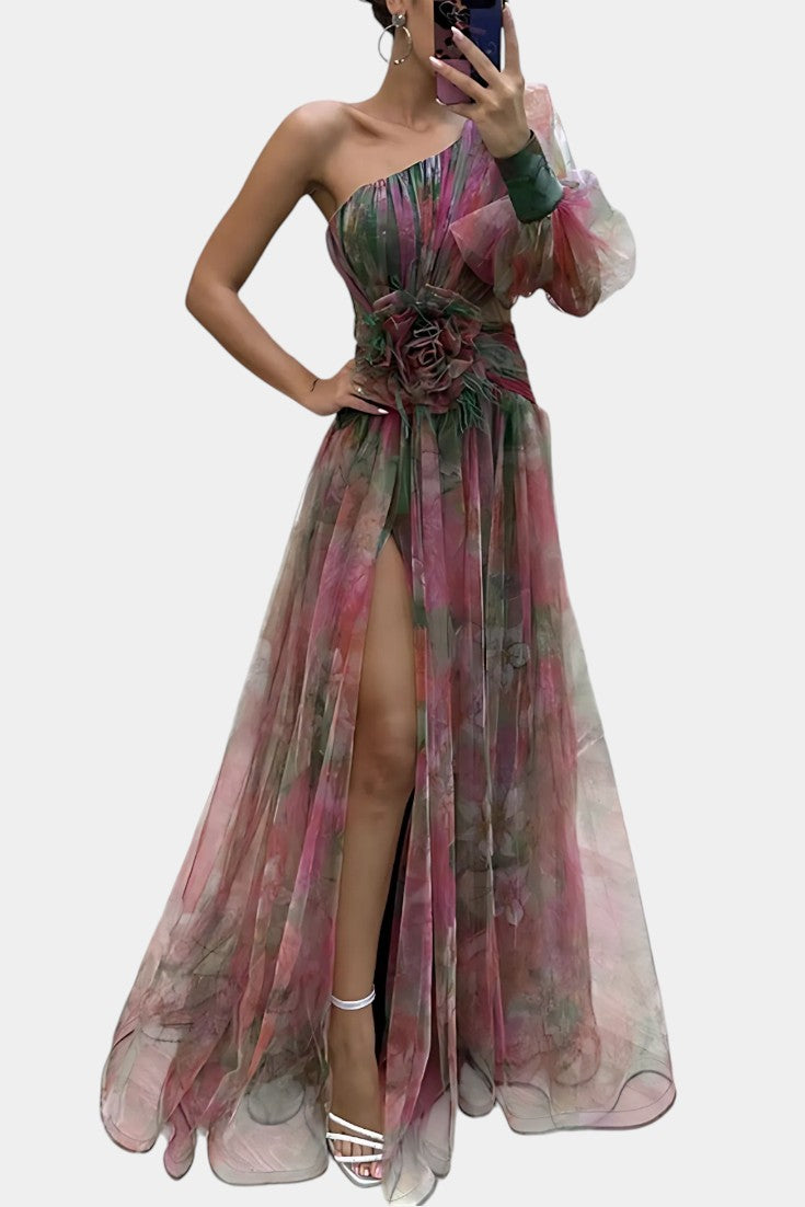 One Shoulder Floral Maxi Dress with High Split