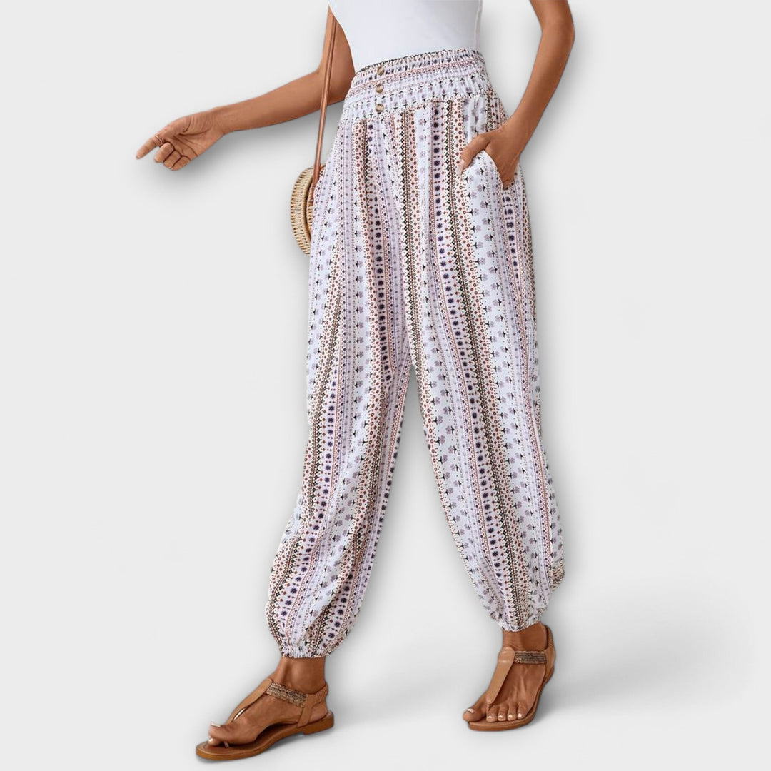 Tribal Print Smocked Waist Boho Pants Women - Festival Style