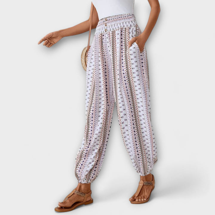 Tribal Print Smocked Waist Boho Pants Women - Festival Style
