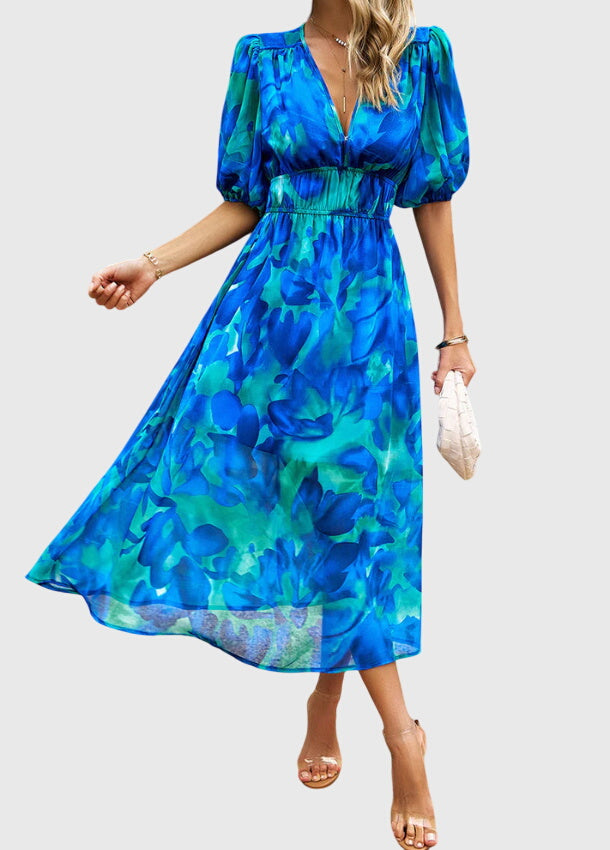 Short Sleeve Floral Midi Dress Elastic Waist