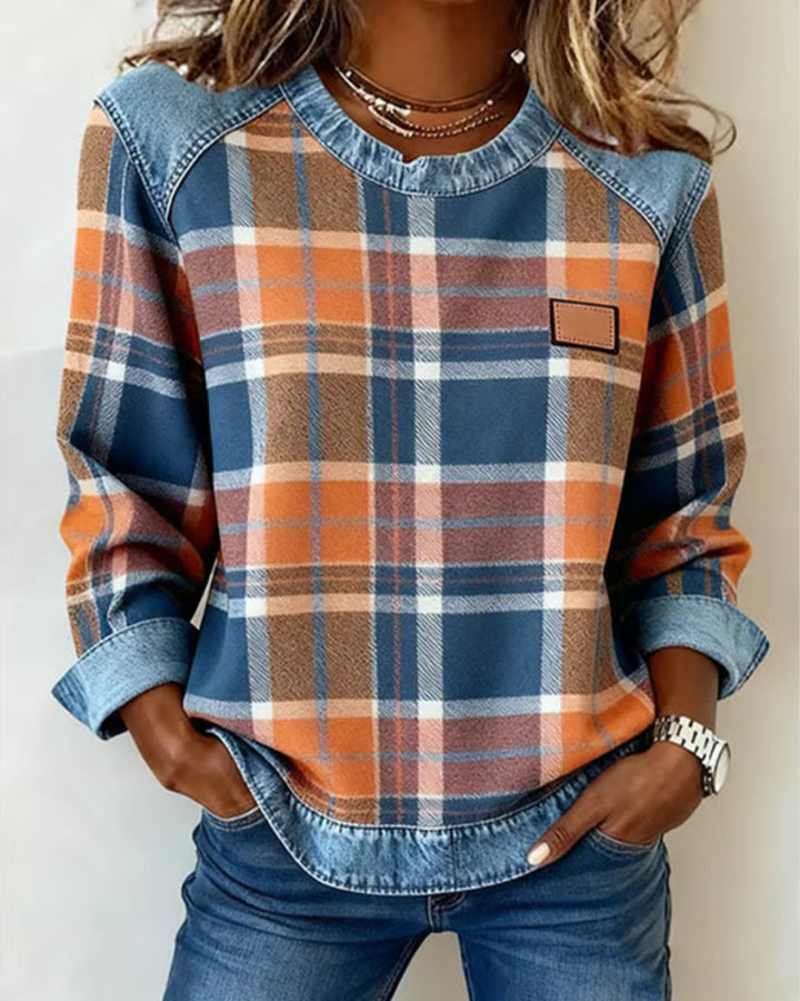 Odette | Women's Plaid Patchwork Denim Trim Crew Neck Sweatshirt