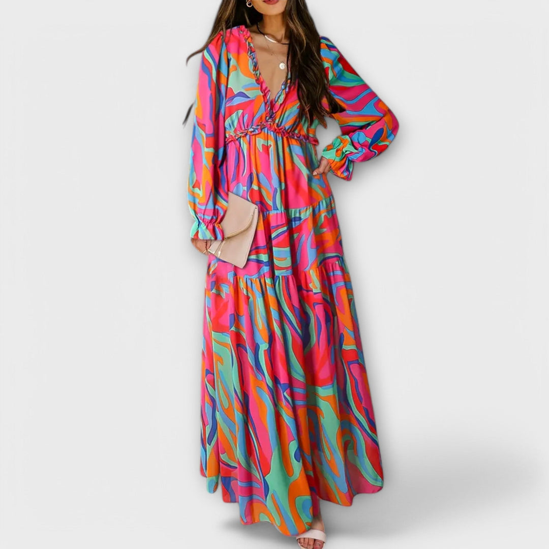 Long Sleeve Floral Maxi Dress Tiered Fit