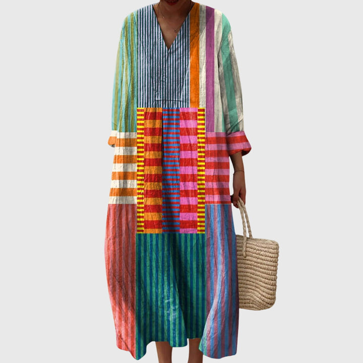 V Neck Geometric Maxi Dress Loose Fit