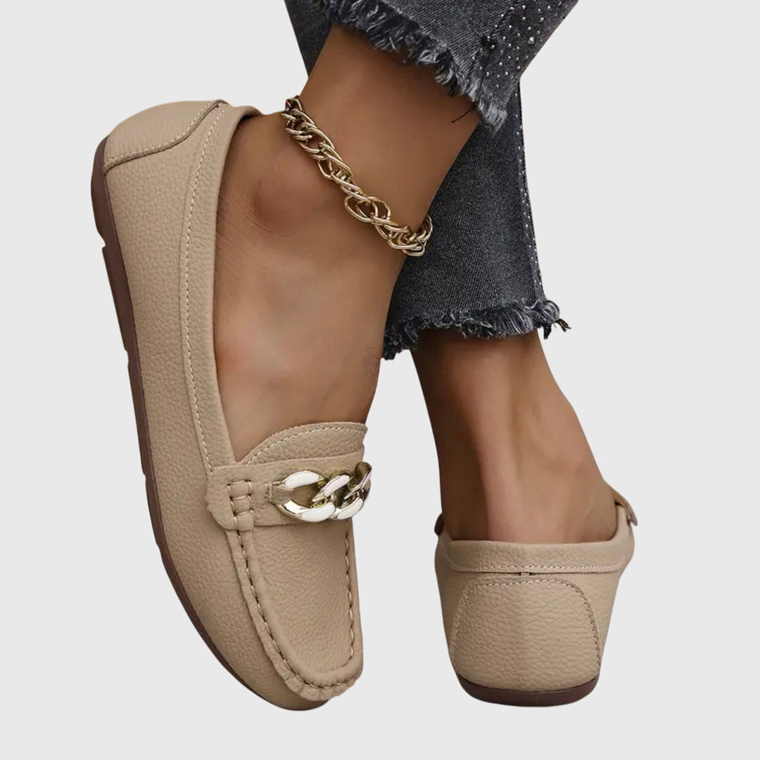 Gold Chain Detail Round Toe Loafers Women