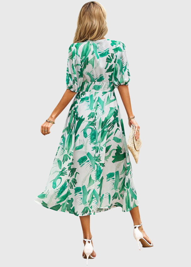 Short Sleeve Floral Midi Dress Elastic Waist
