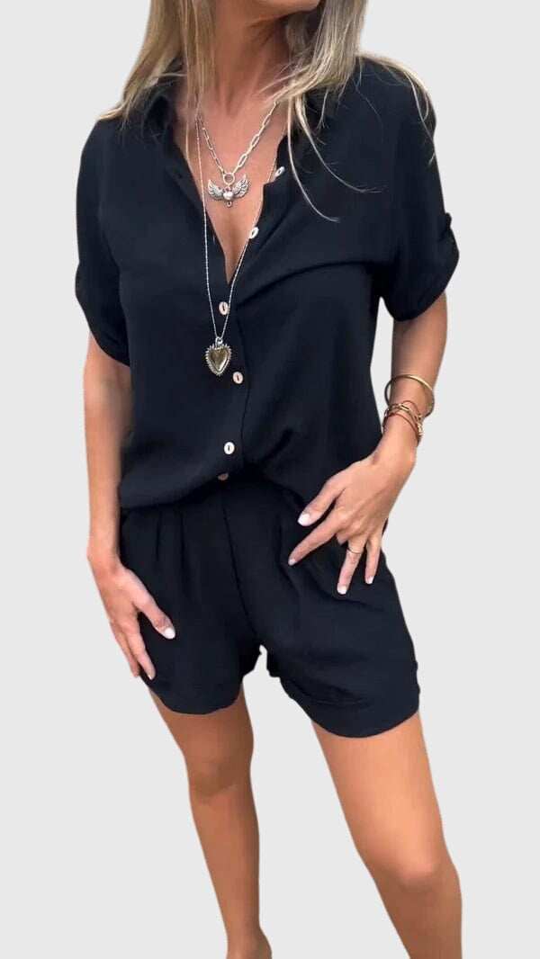 Linen Shirt and High Waisted Short Set Women