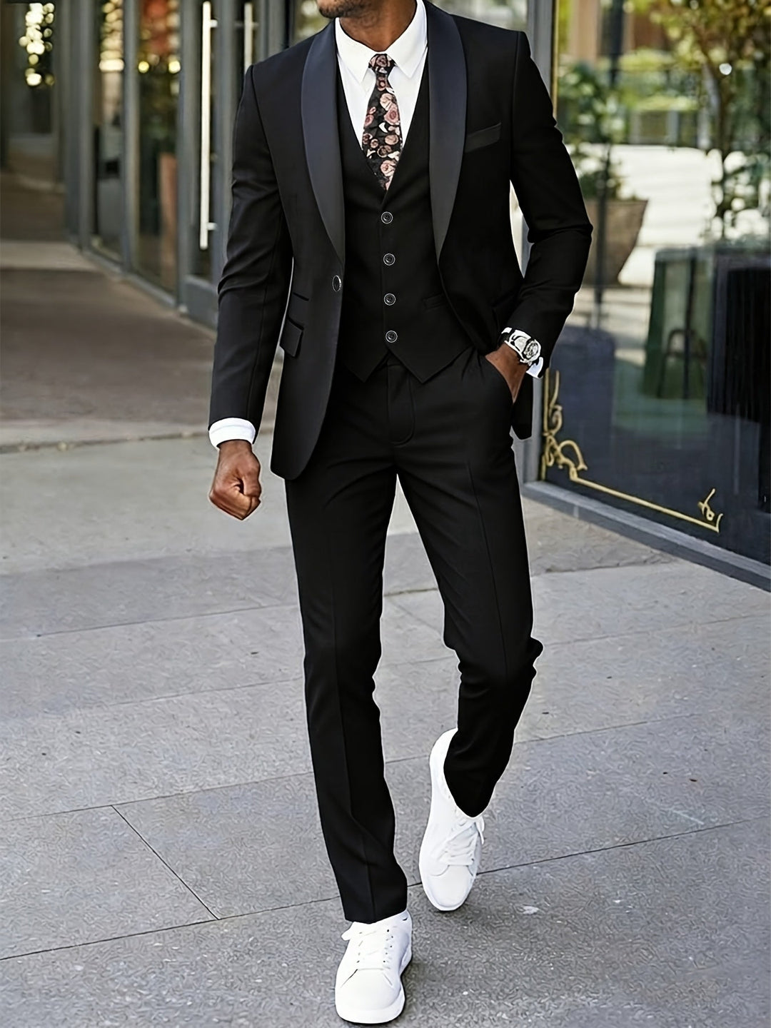 Contrast Shawl Lapel Single Button Waistcoat Three Piece Mens Suit