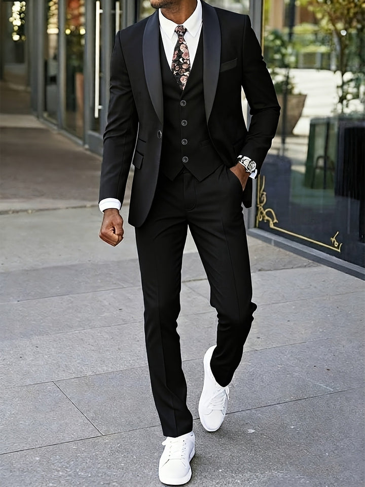 Contrast Shawl Lapel Single Button Waistcoat Three Piece Mens Suit