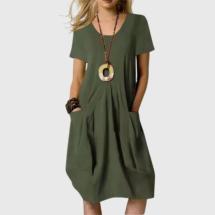Short Sleeve Loose Fit Pocket Midi Dress