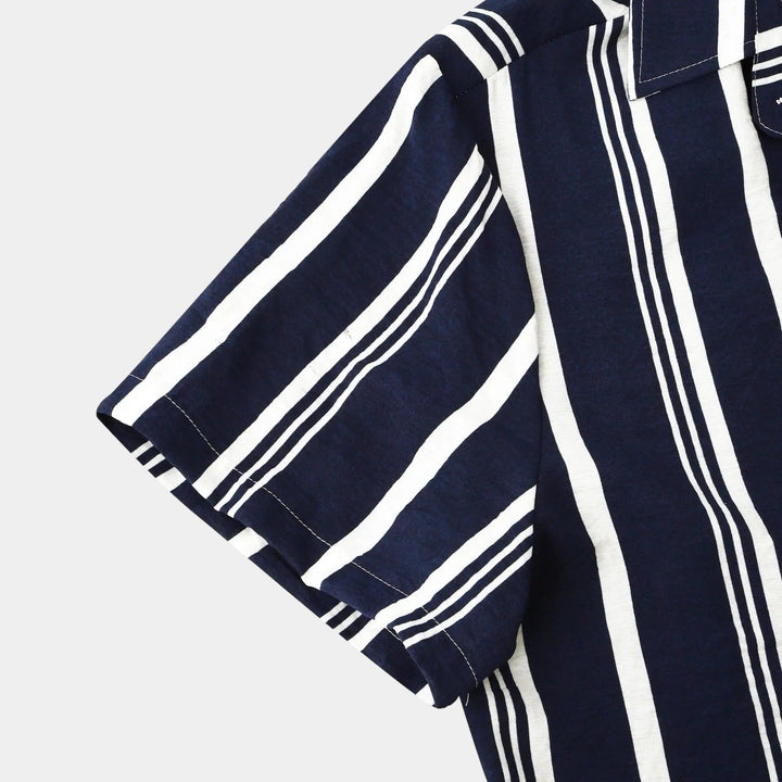 Vertical Stripe Short Sleeve Button Down Casual Shirt