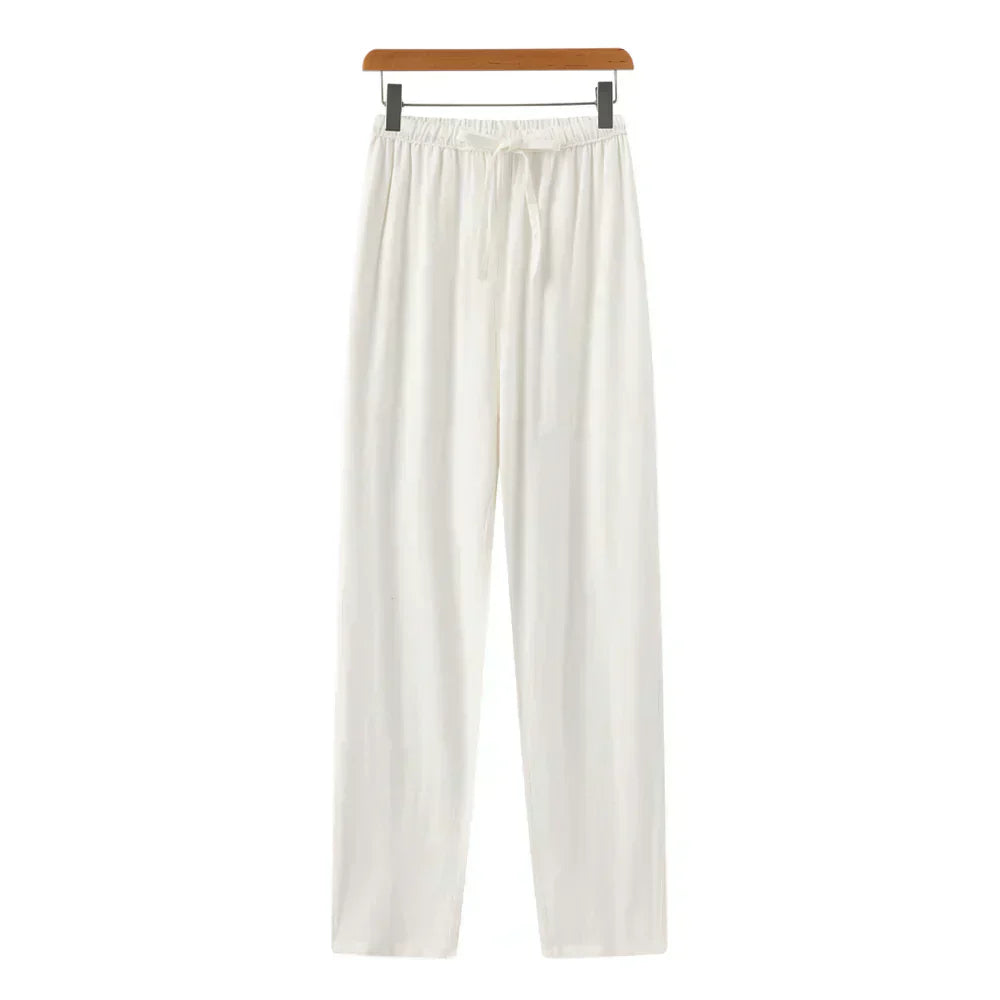 Drawstring Straight Leg Linen Trousers - Relaxed Casual Fit