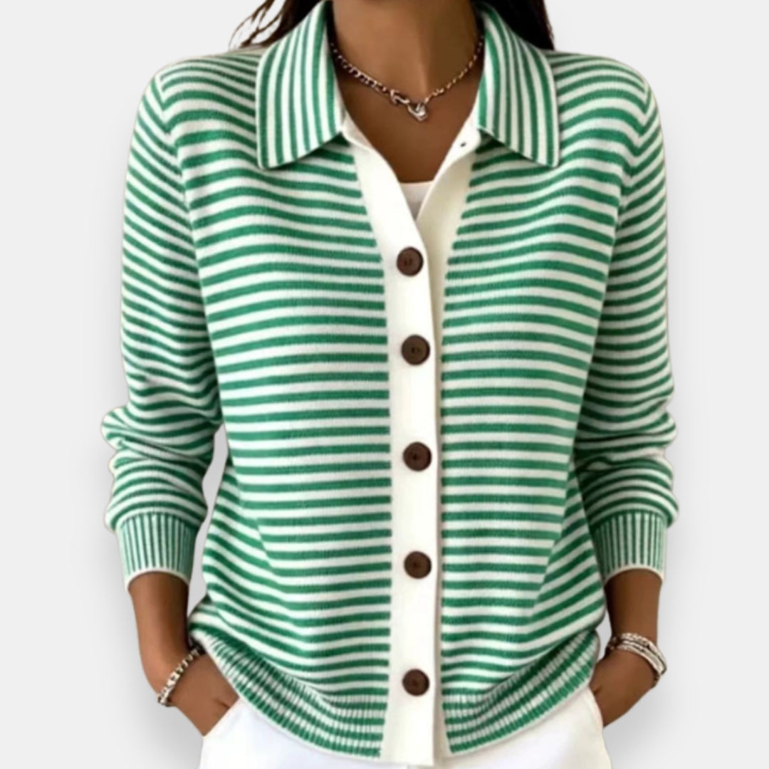 Larissa | Women's Striped Polo Collar Cardigan Sweater with Button Front