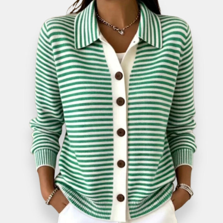 Larissa | Women's Striped Polo Collar Cardigan Sweater with Button Front