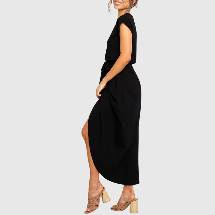 Cap Sleeve Belted Casual Midi Dress Side Split