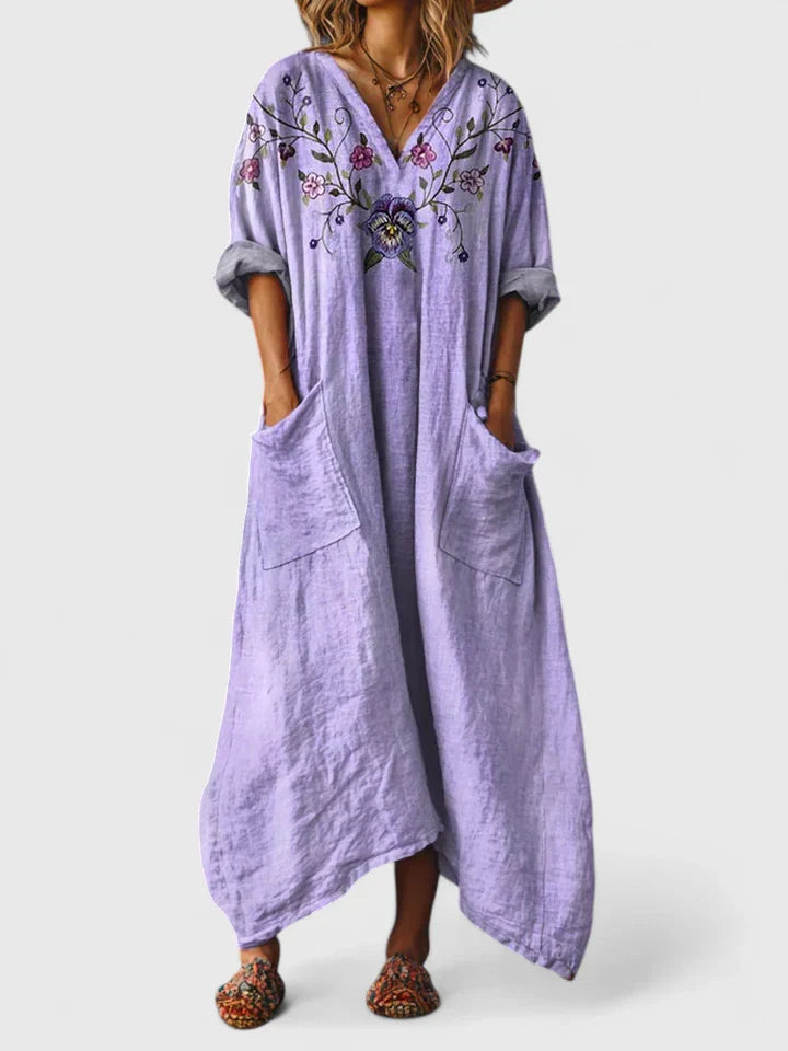 V Neck Boho Maxi Dress Loose Fit