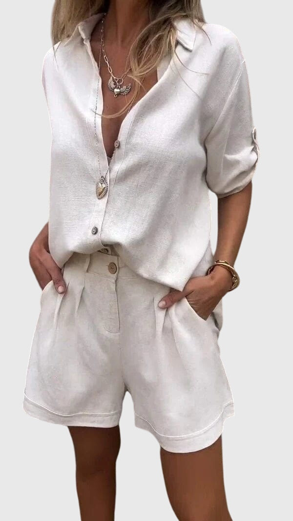 Linen Shirt and High Waisted Short Set Women
