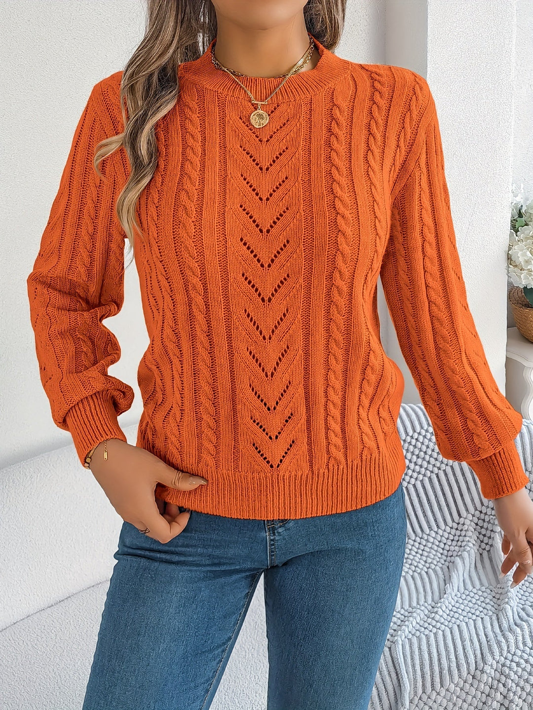 Dorothea | Women's Crew Neck Sweater in Textured Pointelle and Cable Knit