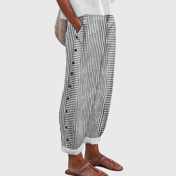 Striped Button Side Linen Casual Pants Women - Relaxed Fit