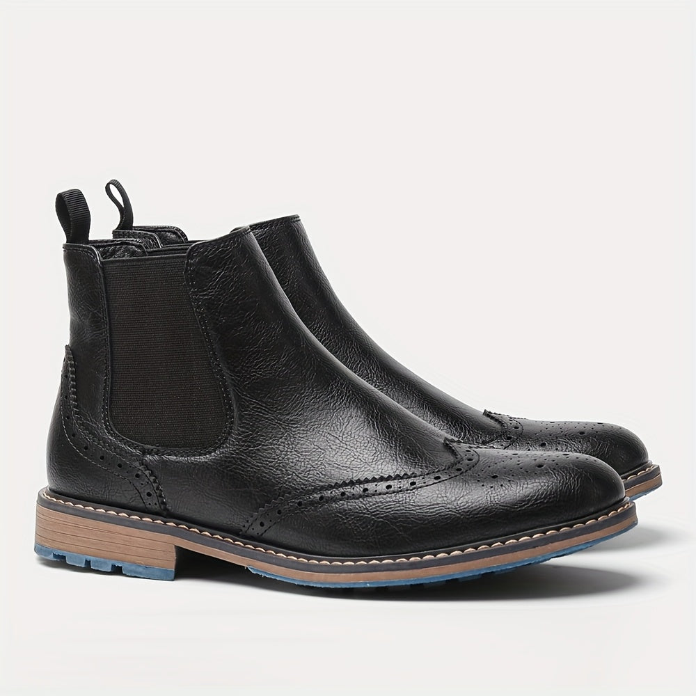 Brogue Wingtip Elastic Side Panel Slip On Leather Mens Chelsea Boots